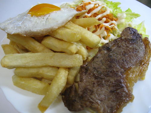 Beef Sirloin, Salad, Chips and Egg